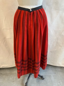 NL, Red, Black, Wool, Plaid, A-Line, Black Grosgrain Waistband, Snap Back, Button Back, Two Tuck Pleat Front, Pleated Front, Floor Length Hem