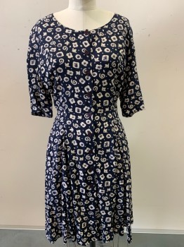 Womens, Dress, Style Works, Navy Blue, Beige, Rayon, Swirl , Squares, W28, B32, S/S, Scoop Neck, Button Front, Pleated Bottom