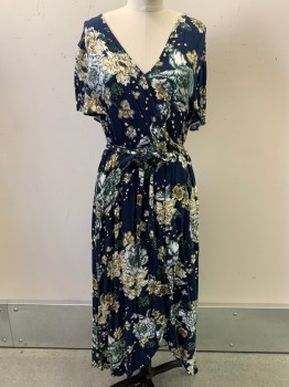 Womens, Dress, Short Sleeve, SUZANNE BETRO, Navy Blue, White, Green, Yellow, Polyester, Floral, W27-32, B32, V Neck, Crossover, Elastic Waist Band, **with Matching Belt
