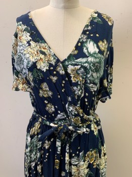 Womens, Dress, Short Sleeve, SUZANNE BETRO, Navy Blue, White, Green, Yellow, Polyester, Floral, W27-32, B32, V Neck, Crossover, Elastic Waist Band, **with Matching Belt