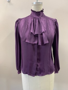 OPHELIA, Dk Purple, Polyester, Stripes, Floral, Jacquard, Ruffled Band Collar, B.F., Hidden Placket, Pleats @ Yoke, Attached Dbl. Ruffle Jabot, L/S, Pleats @ Shoulders, Covered Btns @ Neck & Cuffs