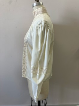 GUNNE SAX, Pale Yellow, Pull On, Ribbon Trimmed Lace Insert High Collar/Down Front & On Long Sleeves At Elbow And Wrist, Button Back Neck