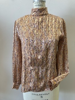 NICOLA, Gold/Brown/Cream Funky Geometric with Jacquard Stripe, Pull On, Button Back, T-neck, Box Pleated CF, L/S with Button Cuffs, Shoulder Pads