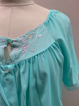 Womens, 1980s Vintage, Piece 1, KELLY REED, Turquoise Blue, Nylon, Solid, L, PJ TOP, Round Neck, S/S, Button Front, Floral Embroidery A Bust, Lace Trim