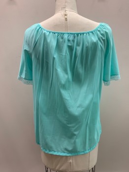 Womens, 1980s Vintage, Piece 1, KELLY REED, Turquoise Blue, Nylon, Solid, L, PJ TOP, Round Neck, S/S, Button Front, Floral Embroidery A Bust, Lace Trim