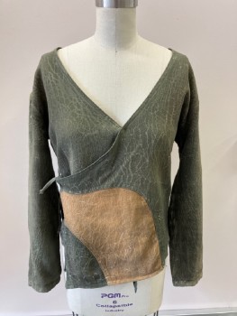 MTO, Tan Brown, Olive Green, Polyester, Textured Fabric, V Neck Wrap Snap Front, 2 Self Ties,  Aged, Inset Attached, Cracked Texture