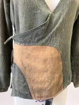 Womens, Sci-Fi/Fantasy Top, MTO, Tan Brown, Olive Green, Polyester, Textured Fabric, B38, V Neck Wrap Snap Front, 2 Self Ties,  Aged, Inset Attached, Cracked Texture