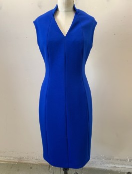 Womens, Dress, Sleeveless, Elie Tahari, Blue, Polyester, Rayon, Solid, 6, Chroma Key Blue Stretch Dress ,V Neck, Soft Tight Jersey Knit,, Rounded Standing 1 Inch Half Collar on Back of Neck , 3 Seams run Up and Down Front and Back , Zipper Back, Hem Below or at Knee