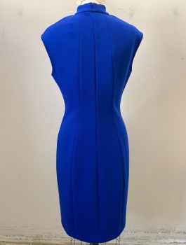 Womens, Dress, Sleeveless, Elie Tahari, Blue, Polyester, Rayon, Solid, 6, Chroma Key Blue Stretch Dress ,V Neck, Soft Tight Jersey Knit,, Rounded Standing 1 Inch Half Collar on Back of Neck , 3 Seams run Up and Down Front and Back , Zipper Back, Hem Below or at Knee