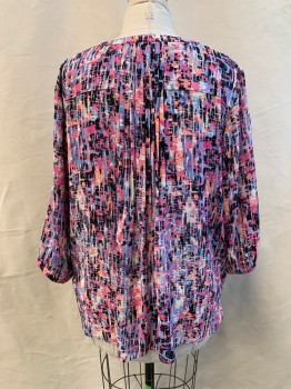 Womens, Top, NYDJ, Pink, Periwinkle Blue, Black, Peach Orange, Lt Yellow, Polyester, Abstract , 2X, Pullover, 1/2 Button Front with Hidden Placket, Band Collar, 3/4 Sleeve, Button Cuff, 1 Welt Chest Pocket, Pleated at Back Neck
