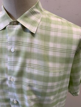 Mens, Shirt, ESSLEY, Mint Green, White, Poly/Cotton, Plaid, N17, S/S, Button Front, Chest Pocket, Back Pleats