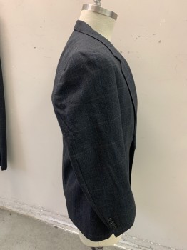 Mens, Suit, Jacket, KUPPENHEIMER , Dk Gray, Blue, Brown, Wool, Polyester, Plaid-  Windowpane, Plaid, 42L, Notched Lapel, Outer Breast Pocket, 2 Pockets, 2 Buttons