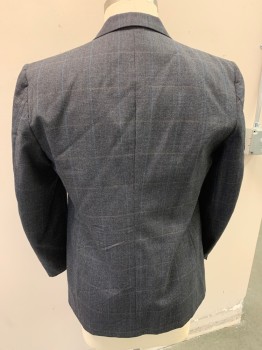 KUPPENHEIMER , Dk Gray, Blue, Brown, Wool, Polyester, Plaid-  Windowpane, Plaid, Notched Lapel, Outer Breast Pocket, 2 Pockets, 2 Buttons