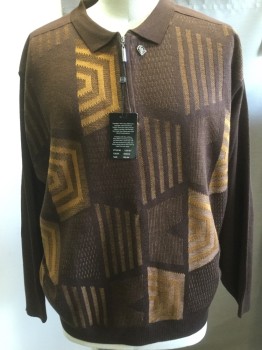 Mens, Pullover Sweater, STACY ADAMS, Brown, Wool, Novelty Pattern, 3XL, Collar Attached, Zip Chest, Golden Brown/ Dark Brown, Some What Geometric Design, Elbow Patches