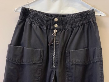 Womens, Casual Pants, ISABEL MARANT, Charcoal Gray, Cotton, Solid, W26, Elastic Waist Band, Zip Front With Snap Buttons, Patch Pockets Front And Back, Bottom Zipper Detail, Multiples