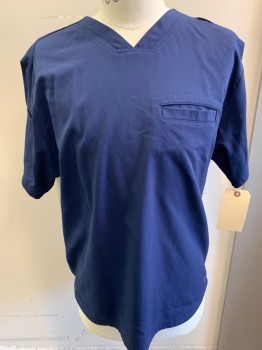 GREYS ANATOMY BARCO, Indigo Blue, Polyester, Rayon, Solid, V-neck, Short Sleeves, 1 Pocket on Chest, 2 Pockets on Sleeves, Multiples