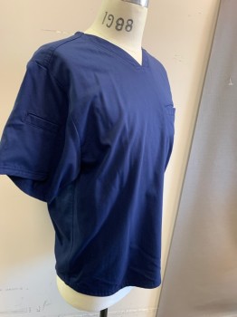 GREYS ANATOMY BARCO, Indigo Blue, Polyester, Rayon, Solid, V-neck, Short Sleeves, 1 Pocket on Chest, 2 Pockets on Sleeves, Multiples