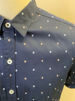 Mens, Casual Shirt, 7 DIAMONDS, Navy Blue, White, Lt Blue, Red, Cotton, Dots, S, Short Sleeves, Button Front, 7 Buttons, Cuffed Sleeves