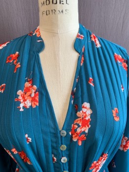 Womens, Maternity, A PEA IN THE POD , Teal Blue, Red, Peach Orange, Polyester, Floral, XS, Maternity Top, Matching Thin Belt, Mandarin Collar, V-neck, 1/2 Button Front, Long Sleeves, Pleated Front