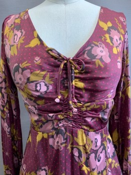 FREE PEOPLE, Purple, Mauve Purple, Moss Green, Black, Polyester, Floral, Dots, L/S, V Neck, D String And Scrunched Chest, Side Zipper