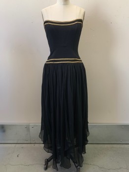 Womens, Cocktail Dress, LOUIS FERAUD, Black, Copper Metallic, Polyester, Solid, W25, B32, Strapless, Semi Sweetheart Neckline, Double Copper Strips On Bust And Hips, Mesh Skirt, Back Zipper,