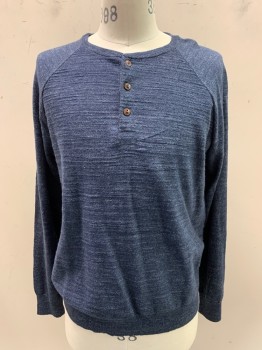 Mens, Pullover Sweater, J CREW, Navy Blue, Cotton, Heathered, M, Raglan L/S, 3 Buttons,  Henley