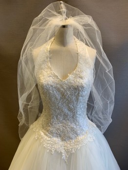 Womens, Wedding Gown, DAVID'S BRIDAL, White, Polyester, Nylon, W: 26, B: 32, With Veil, Halter Top, Open Back, White & Metallic Silver Floral Appliqué On Bodice, Tulle Skirt, Zip Back
