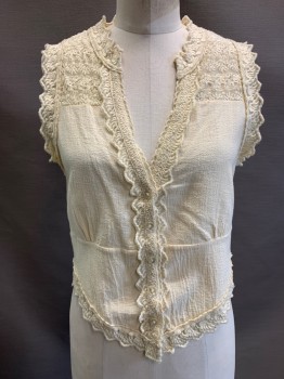 Womens, Top, SPORTGIRL, Cream, Cotton, Solid, M, Slvls, Button Front, Lace Trim, Gauze Like Fabric, Clear Pearl Buttons With Bows