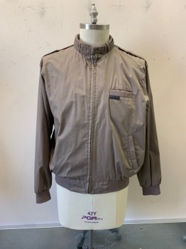 Mens, Jacket, MEMBERS ONLY, Dusty Brown, Poly/Cotton, Nylon, Solid, L, Band Collar, Zip Front, 3 Pockets,