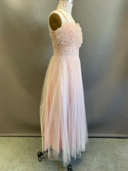 Womens, Evening Gown, NO LABEL, Baby Pink, Polyester, Nylon, Floral, Dots, W22, B30, Spaghetti Strap, Sweetheart Neckline, Ruffled Chest, Silver Dots, Tulle, Side Zipper