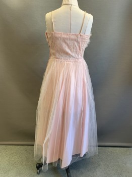 Womens, Evening Gown, NO LABEL, Baby Pink, Polyester, Nylon, Floral, Dots, W22, B30, Spaghetti Strap, Sweetheart Neckline, Ruffled Chest, Silver Dots, Tulle, Side Zipper