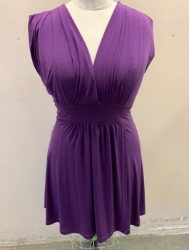 Womens, Dress, Sleeveless, FAITH 21, Aubergine Purple, Polyester, Spandex, Solid, 1X, Stretch Fabric, Surplice V-neck, Pleats at Shoulder Seams Almost a Cap Sleeve, 2" Wide Self Waistband with Self Belt Ties Attached at Sides, Gathered Front Waist, Knee Length