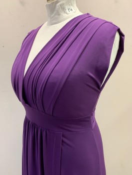 Womens, Dress, Sleeveless, FAITH 21, Aubergine Purple, Polyester, Spandex, Solid, 1X, Stretch Fabric, Surplice V-neck, Pleats at Shoulder Seams Almost a Cap Sleeve, 2" Wide Self Waistband with Self Belt Ties Attached at Sides, Gathered Front Waist, Knee Length