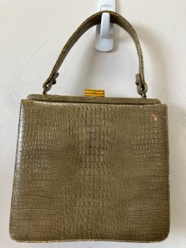 MAGDA MAKKAY, Taupe Reptilian Embossed Leather, 1 Flap Pkt,  Clam Shell Opening, Gold Clasp, 1 Handle Strap