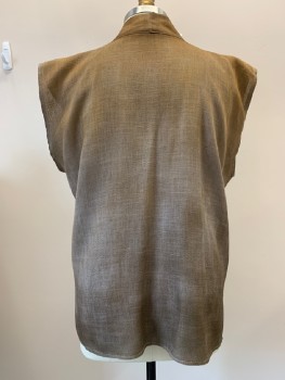 Mens, Vest, NO LABEL, Brown, Burlap, Solid, 2XL, Sleeveless, Shawl Collar, Distressed, Hole On Collar, Made To Order,