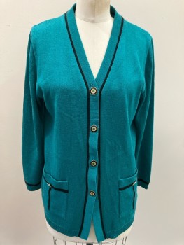 SAN REMO, Emerald with Black Stripe Trim, Acrylic, V-N, Cardigan, L/S, 2 Patch Pocket,  Btns Are Black & Gold with Emerald Center