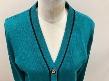 SAN REMO, Emerald with Black Stripe Trim, Acrylic, V-N, Cardigan, L/S, 2 Patch Pocket,  Btns Are Black & Gold with Emerald Center