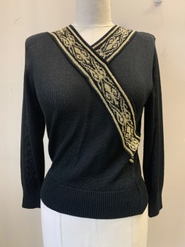 Womens, Sweater, TOKYO NEW MODE, Black, Gold, Wool, Acrylic, Solid, Brocade, B38, L/S, V Neck, Cross Over With Gold Detail, Shoulder Patches