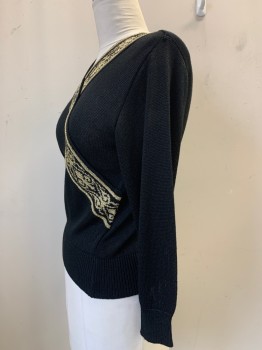 TOKYO NEW MODE, Black, Gold, Wool, Acrylic, Solid, Brocade, L/S, V Neck, Cross Over With Gold Detail, Shoulder Patches