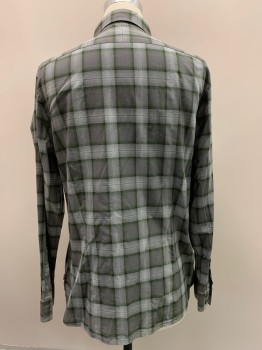JOHN VARVATOS, Charcoal Gray, Gray, Green, Cotton, Plaid, L/S, Button Front, Collar Attached, Chest Pocket
