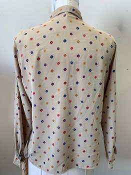 OSCAR DE LA RENTA, Tan Brown, Red, Navy Blue, Goldenrod Yellow, Plum Purple, Polyester, Geometric, Floral, L/S, Double Breasted, C.A.,