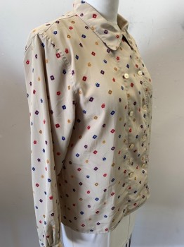 OSCAR DE LA RENTA, Tan Brown, Red, Navy Blue, Goldenrod Yellow, Plum Purple, Polyester, Geometric, Floral, L/S, Double Breasted, C.A.,