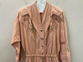 RIO INC., Dusty Pink Cotton Twill, V-N, Snap Front, Dolman L/S, Elastic Waist, 2 Hip Pckt, V-shaped Rhinestone And Studded Inserts Front