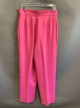 JENA IIS, Hot Pink, Wool, Solid, Dbl Pleats, Wide Slightly Pointed Waistband, Slant Pockets, Side Zipper, Fully Lined, Deep Hem