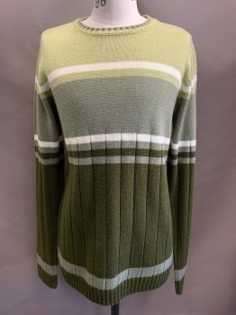 Mens, Pullover Sweater, FERRUCHE, Mint Green, Sage Green, Dk Olive Grn, White, Acrylic, Wool, Stripes - Horizontal , L, L/S, Crew Neck,