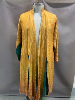 Unisex, Sci-Fi/Fantasy Robe, N/L, Gold, Teal Blue, Silk, Stripes, Floral, O/S , BAND COLLAR, OPEN FRONT, SIDE & BLACK SLITS  SILVER CIRCLE DETAIL ON SLEEVES. WIDE SLEEVES Cf125853