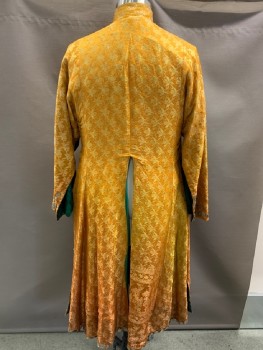 Unisex, Sci-Fi/Fantasy Robe, N/L, Gold, Teal Blue, Silk, Stripes, Floral, O/S , BAND COLLAR, OPEN FRONT, SIDE & BLACK SLITS  SILVER CIRCLE DETAIL ON SLEEVES. WIDE SLEEVES Cf125853
