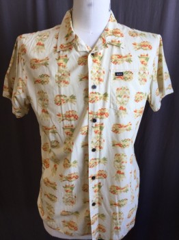 Mens, Hawaiian Shirt, RVCA, Lt Yellow, Gold, Orange, Olive Green, Cotton, Novelty Pattern, L, Multicolor Pineapples with Skull Face Pattern, S/S, B.F., C.A.,