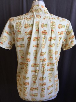 Mens, Hawaiian Shirt, RVCA, Lt Yellow, Gold, Orange, Olive Green, Cotton, Novelty Pattern, L, Multicolor Pineapples with Skull Face Pattern, S/S, B.F., C.A.,