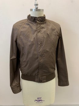 Mens, Jacket, MEMBERS ONLY, Khaki Brown, Poly/Cotton, Solid, C: 42, Band Collar, C.A., Collar Strap W/Snap Closures, Zip Front, 2 Pockts, L/S, Raglan Sleeves,Knit Collar/Waistband, REVERSIBLE - Brown W/Khaki Pipping/Side 2, *Glue Stains On Brown Side On Right Arm
